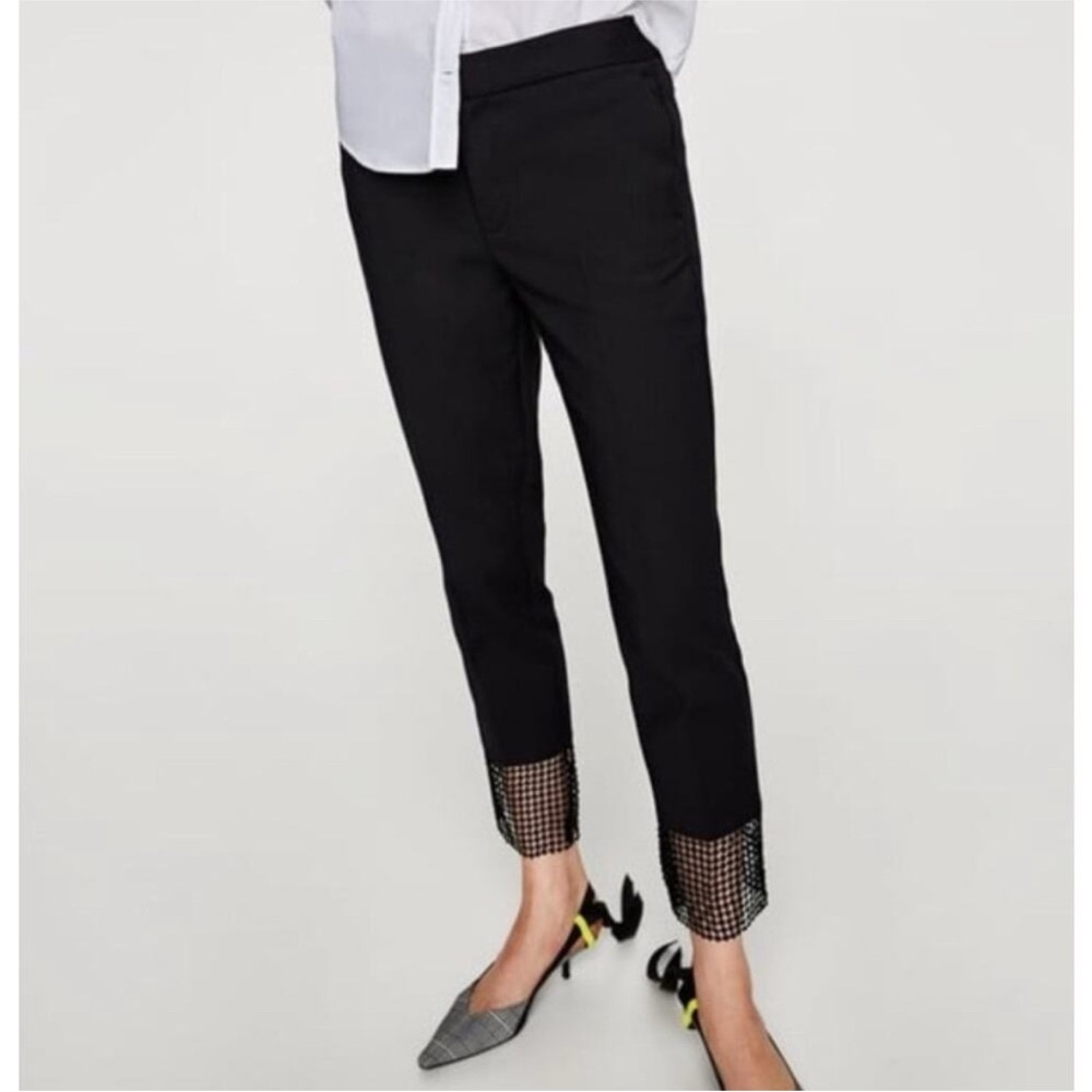 Zara Pants Womens Medium Black Crochet Hem Mid Rise Ankle Trouser Cotton